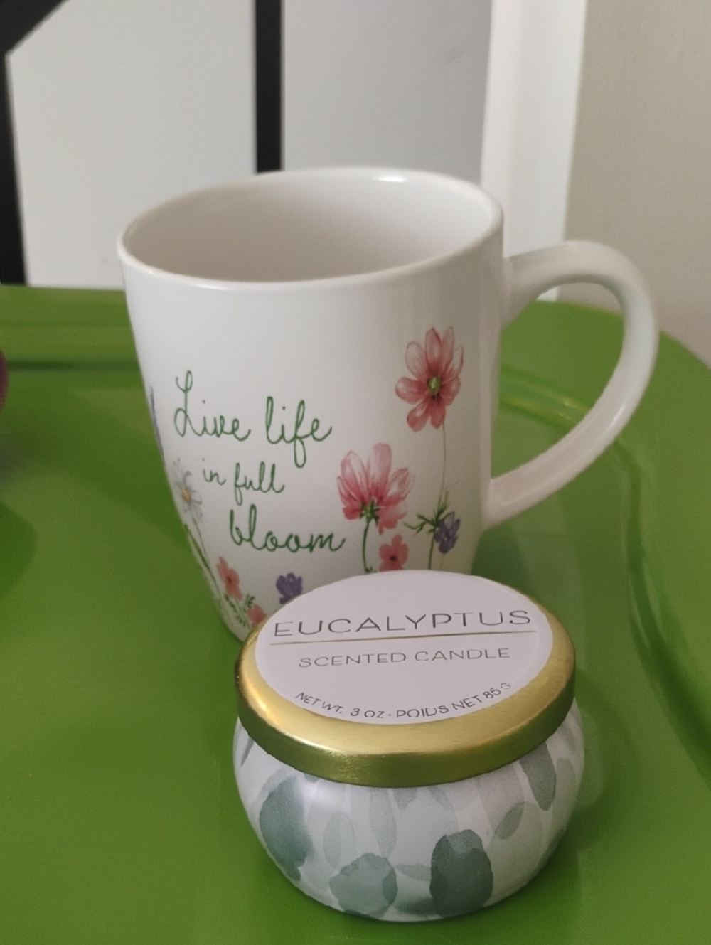Live Life in Full Bloom White Floral Mug with Green Accents